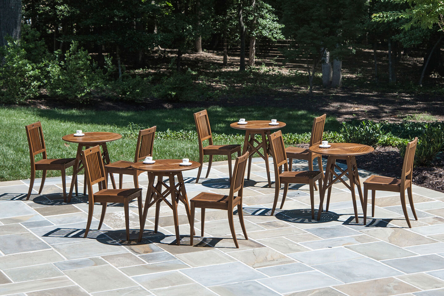 cafe with commercial wooden patio furniture